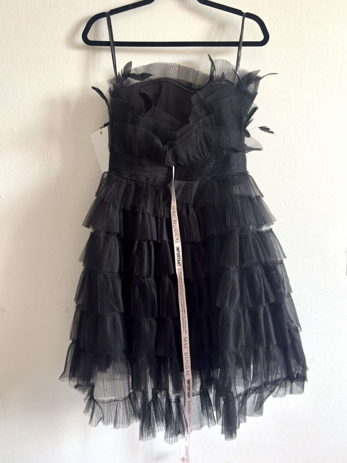 Mac Duggal 20529 Black Feathered Strapless Tulle Fit & Flare Mini Dress NWT sz 8