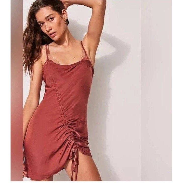 Free People Be My Mini Satin Slip Dress Small Brown Ruched Minimalist Boho Glam