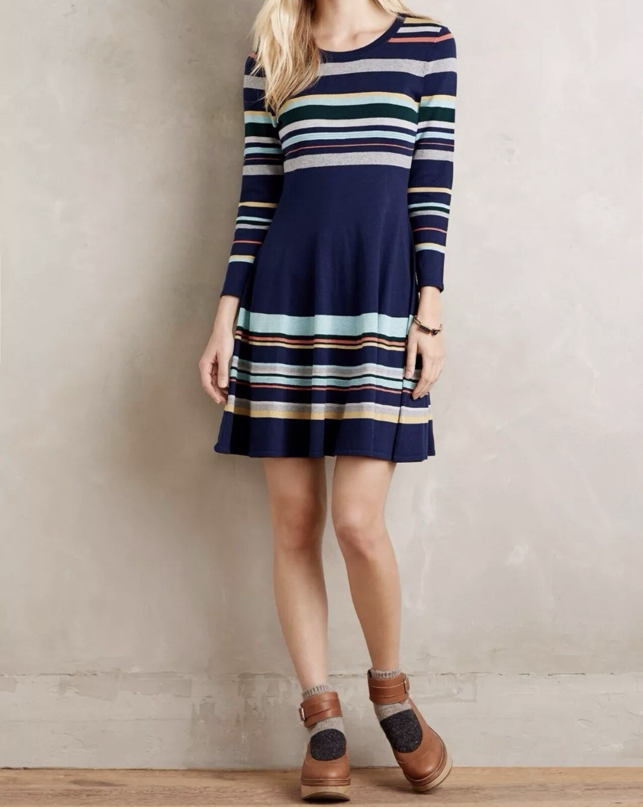 Athropologie Moth Womens Scoop Neck Skater Dress Medium Cotton Blend Striped