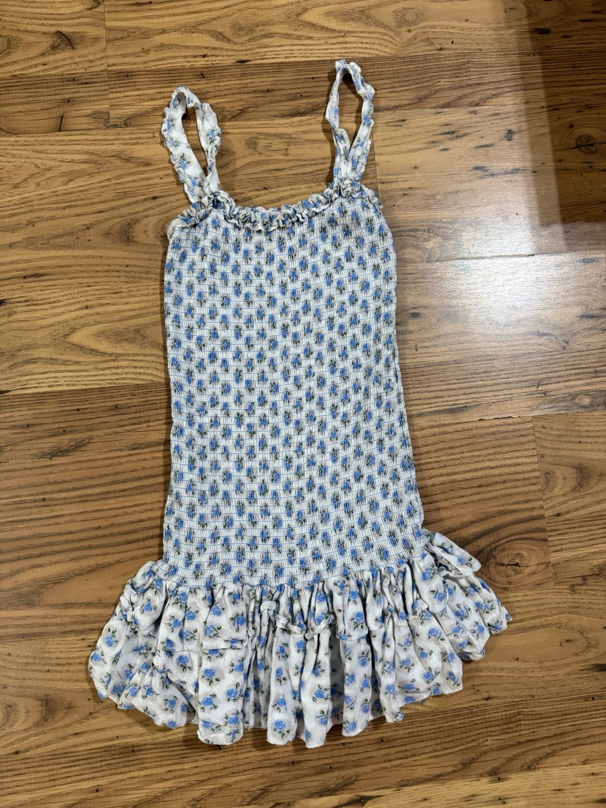 For Love Bell Blue Floral Smocked Ruffle Mini Dress – Size Medium