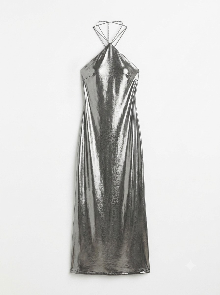 ZARA Metallic Silver Slip Maxi Dress Rhinestone Halter Straps Party Evening Sz M