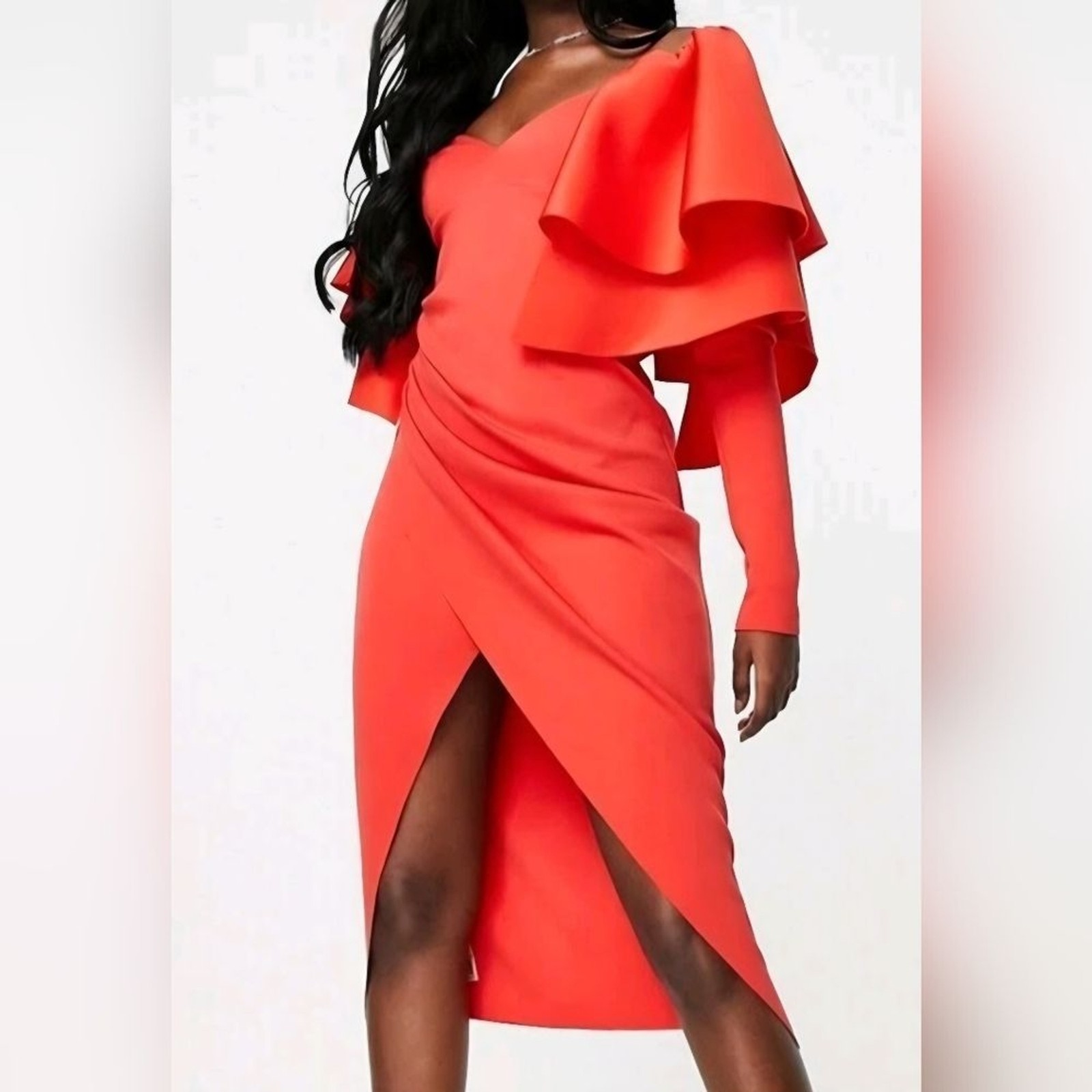 ASOS DESIGN Size 10 Red Orange Dramatic Ruffled Sleeves Open Back Midi Dress NWT