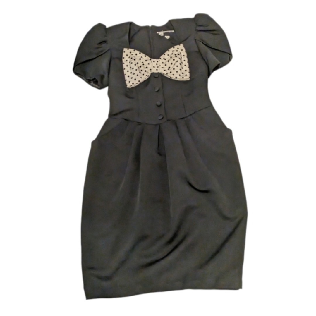 Black Sheath Dress Puff Sleeve Polka Dot Bow Button Retro Knee Length S