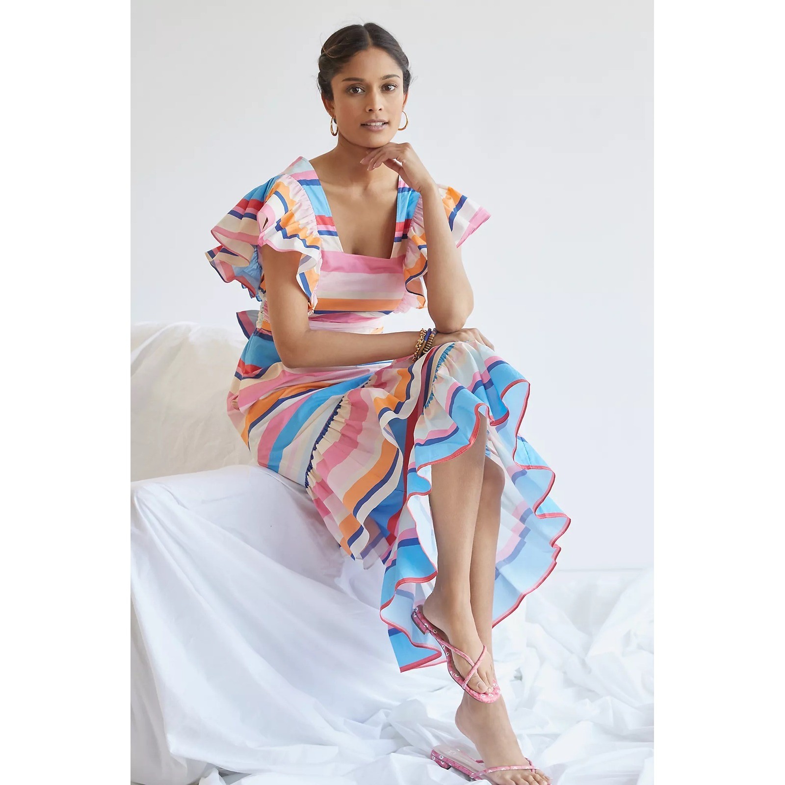NWT Plenty Rainbow Stripe Ruffle Maxi Dress Tie Waist Flutter Sleeve Medium Chic