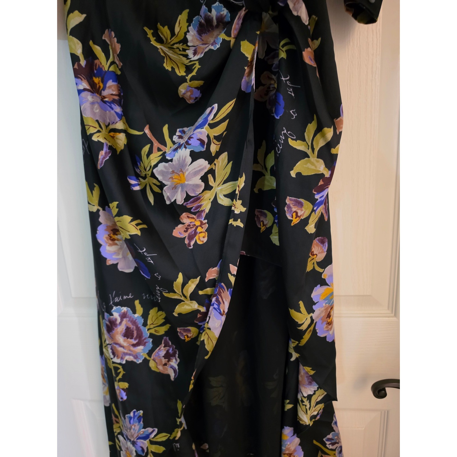 Cinq a Sept Black Floral Script Silk Blend Knotted Midi Dress Size 2