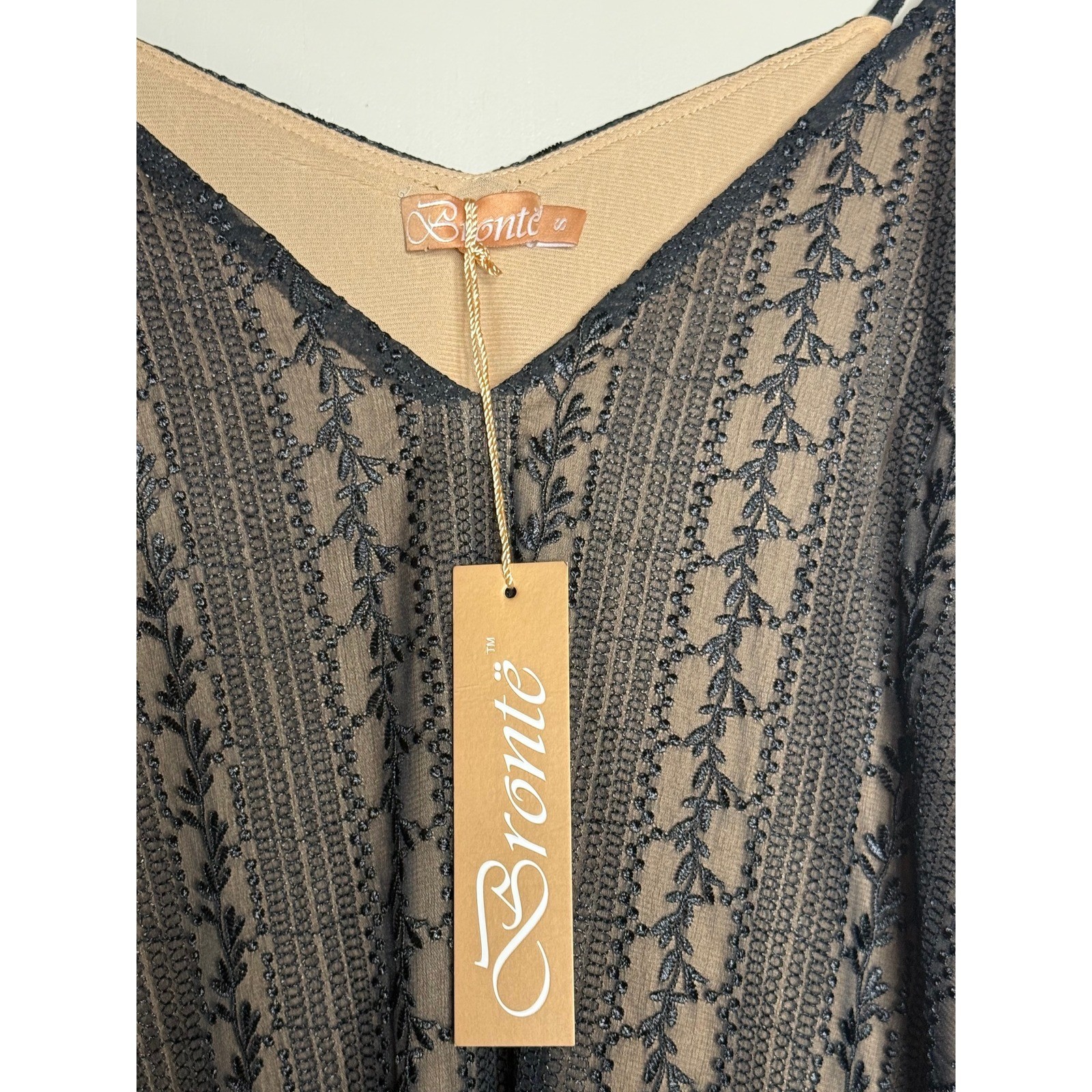 Bronte NWT Black Embroidered Mesh Handkerchief Hem Tunic Dress Boho S