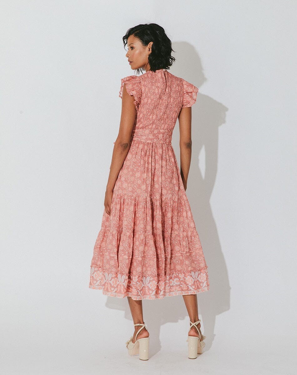 Cleobella Rita Midi Ankle Dress Camara Pink Floral Print Organic Cotton Size M