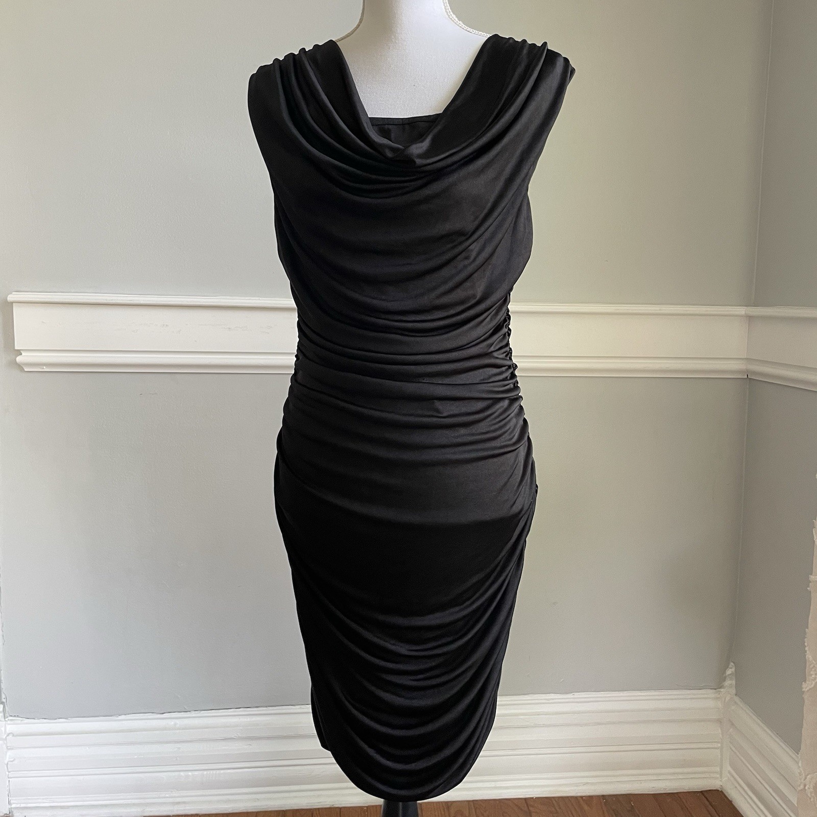 Express Black Ruched Sides Bodycon Dress Size Med Sleeveless Satin Feel