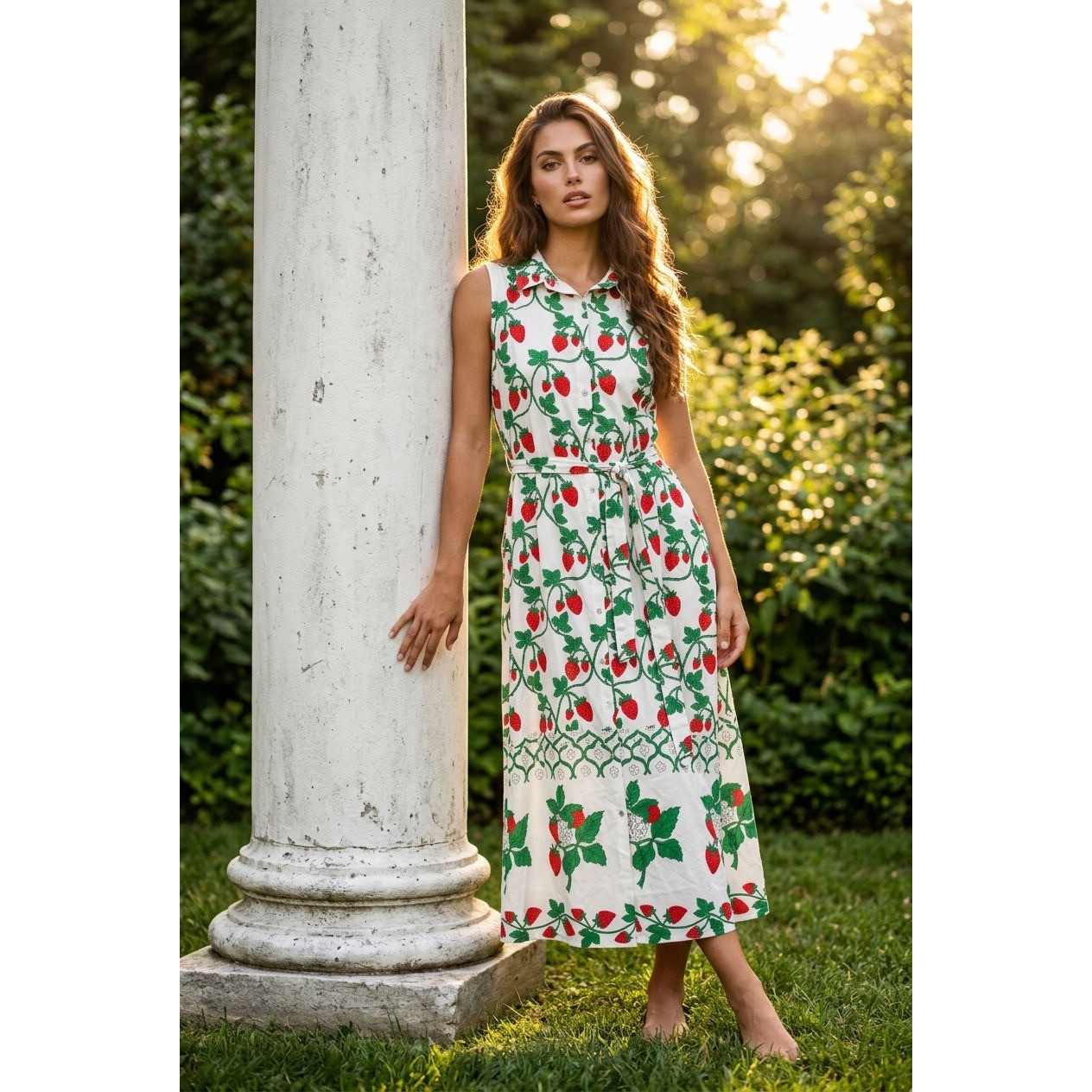 Spighe Di Lino Italy Strawberry Print Linen Blend Shirt Dress XL NWT 25A1030