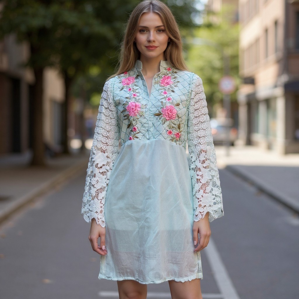 Embroidered Tunic Dress Womens Small Lace Bell Sleeve Blue Pink Cottagecore