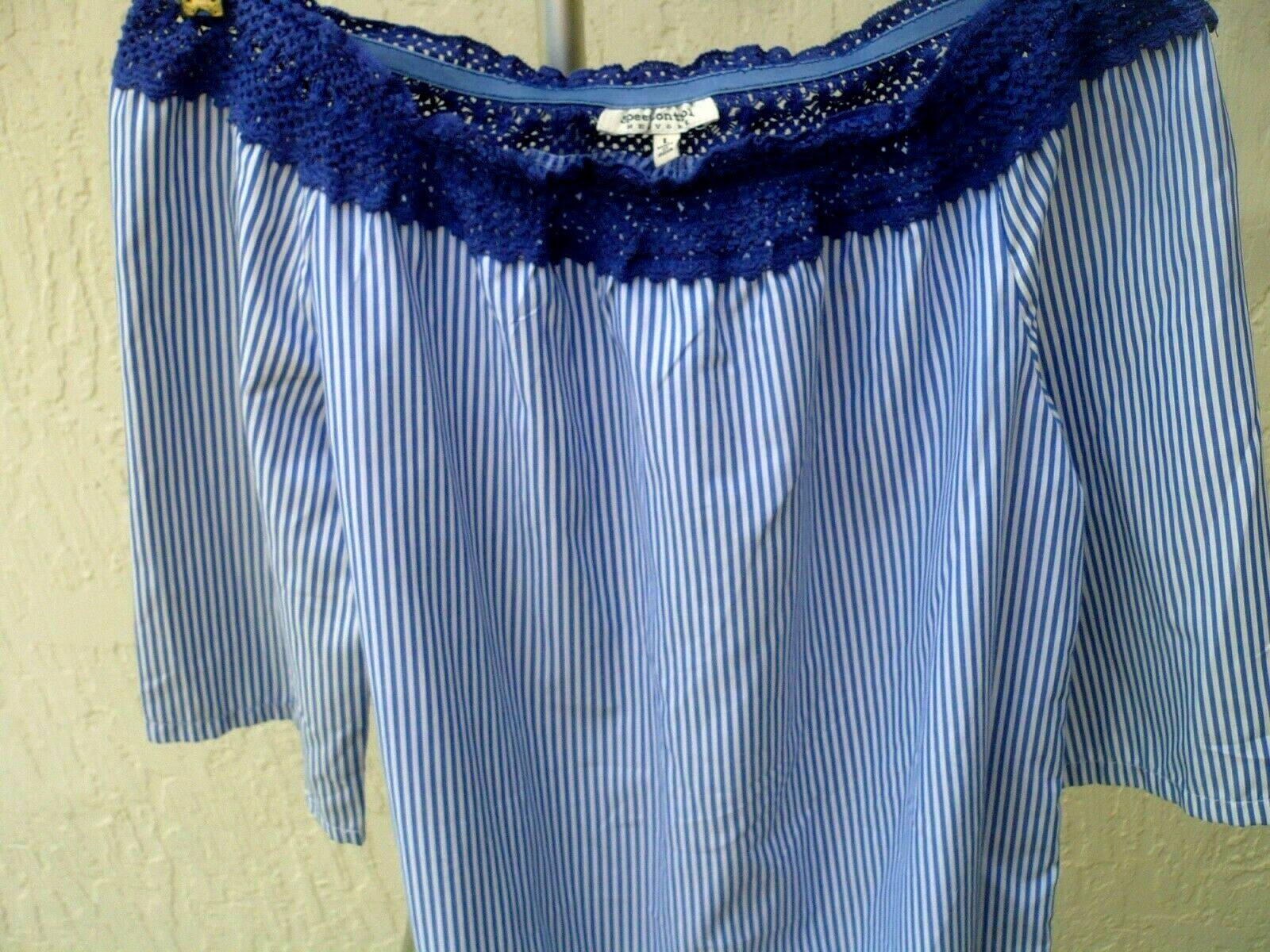 SPEED CONTROL L MU MU MUU SHIFT CROCHET OFF SHOULDER COTTON POLY CRISP DRESS