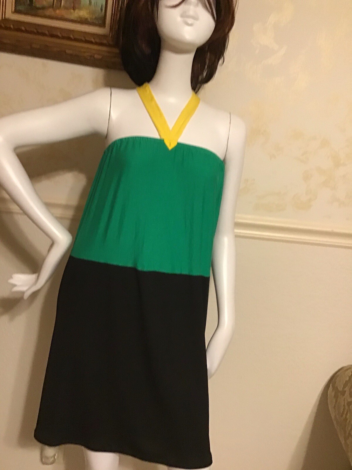 Jamaican Color Dress Halter Top. Black/Green/Gold. Size Large.