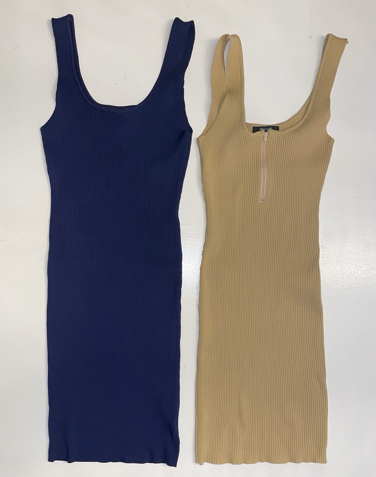 Lot Of 2 New Look Women’s Large Tan Navy Ribbed Bodycon Mini Dresses Zipper