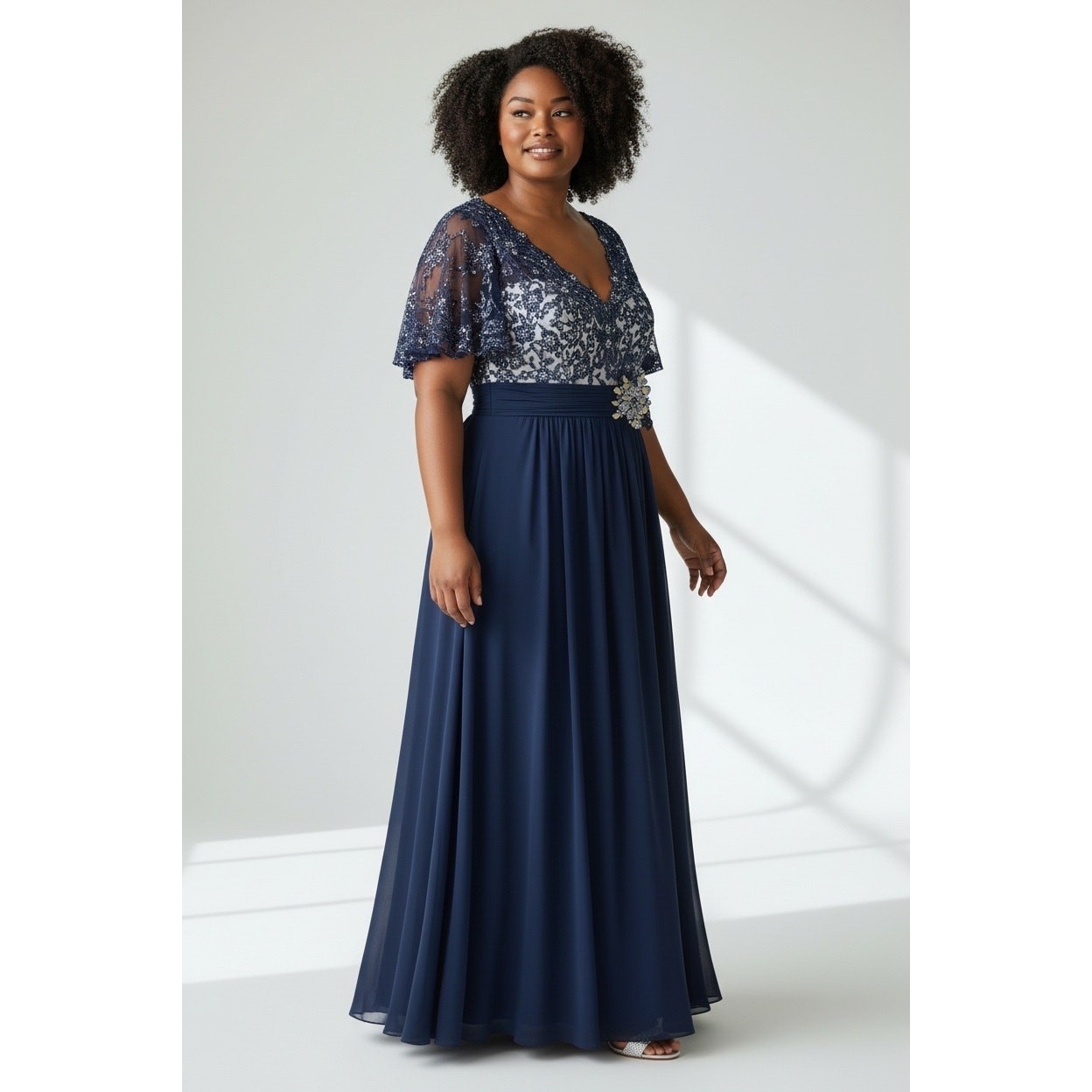 Size 16 Navy Blue Sequin Lace Bodice Formal Evening Gown Dress
