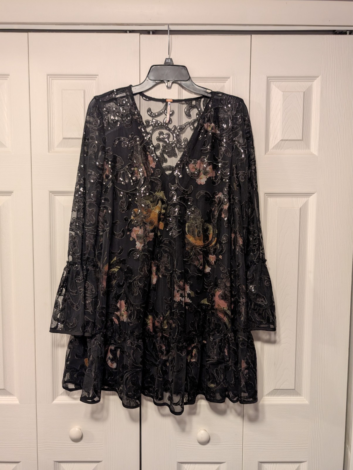 Authentic Free People Falling Flowers Frock Mini Dress Pink Black Sequins