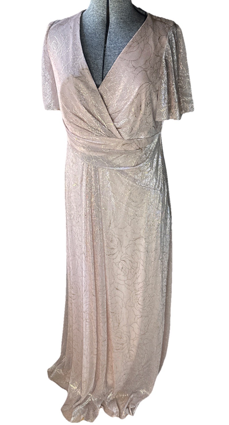 Adrianna Papell Blush Maxi Dress with Rose Foil Embroidery & Flutter Sleeves 14W