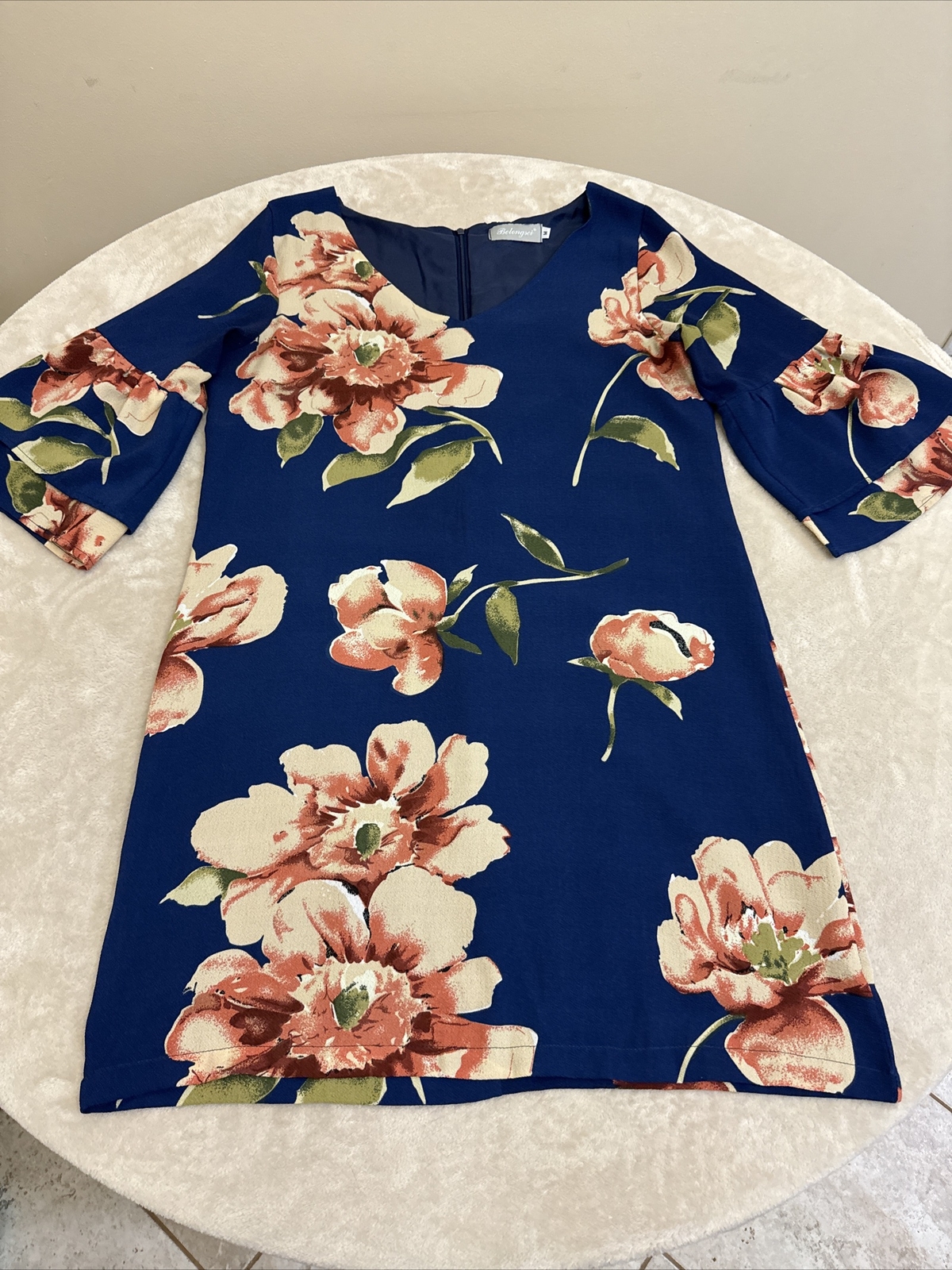 BELONGSCI Womans Navy Blue Floral FLARED SLEEVE Dress Size Medium