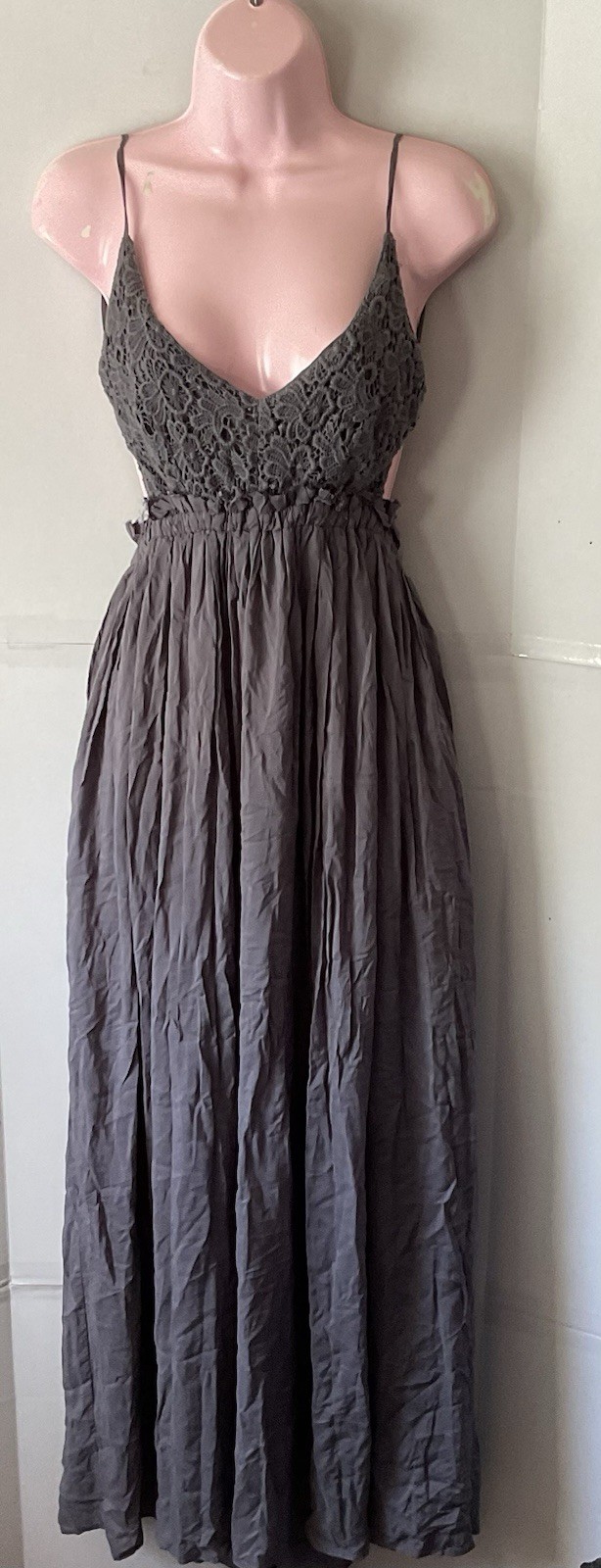 WISHLIST Maxi Dress Large Gauzy Gray BOHO Flowing Crochet Fairy Empire Waist