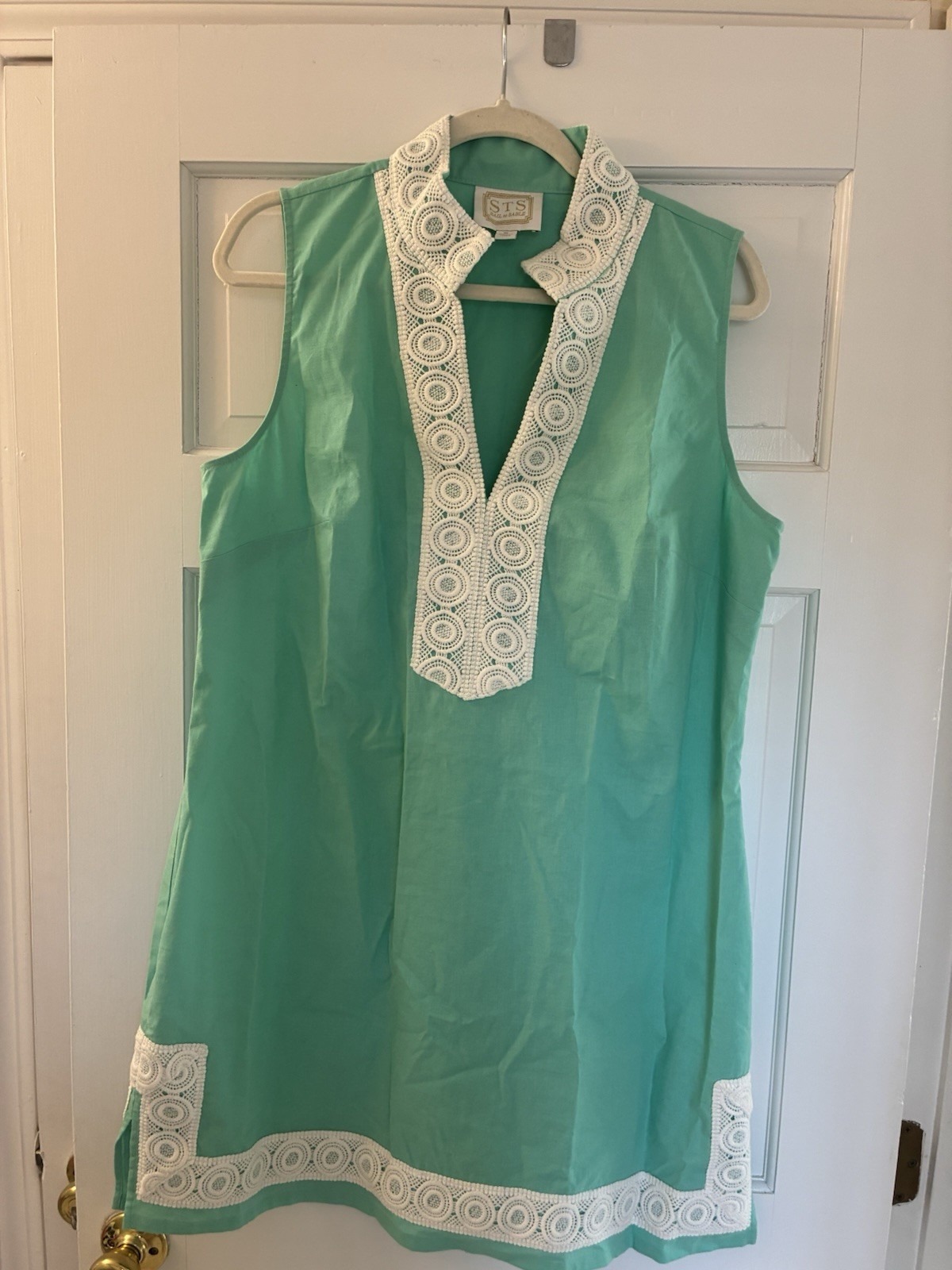 $198 Sail to Sable STS Dress Teal Blue Green Sleeveless Tunic Shift Lace Trim