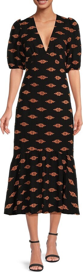 NEW RHODE ESTER DRESS IKAT CLIP JACQUARD A-LINE MIDI PUFF SLV BLACK SIZE 10 *ZZ