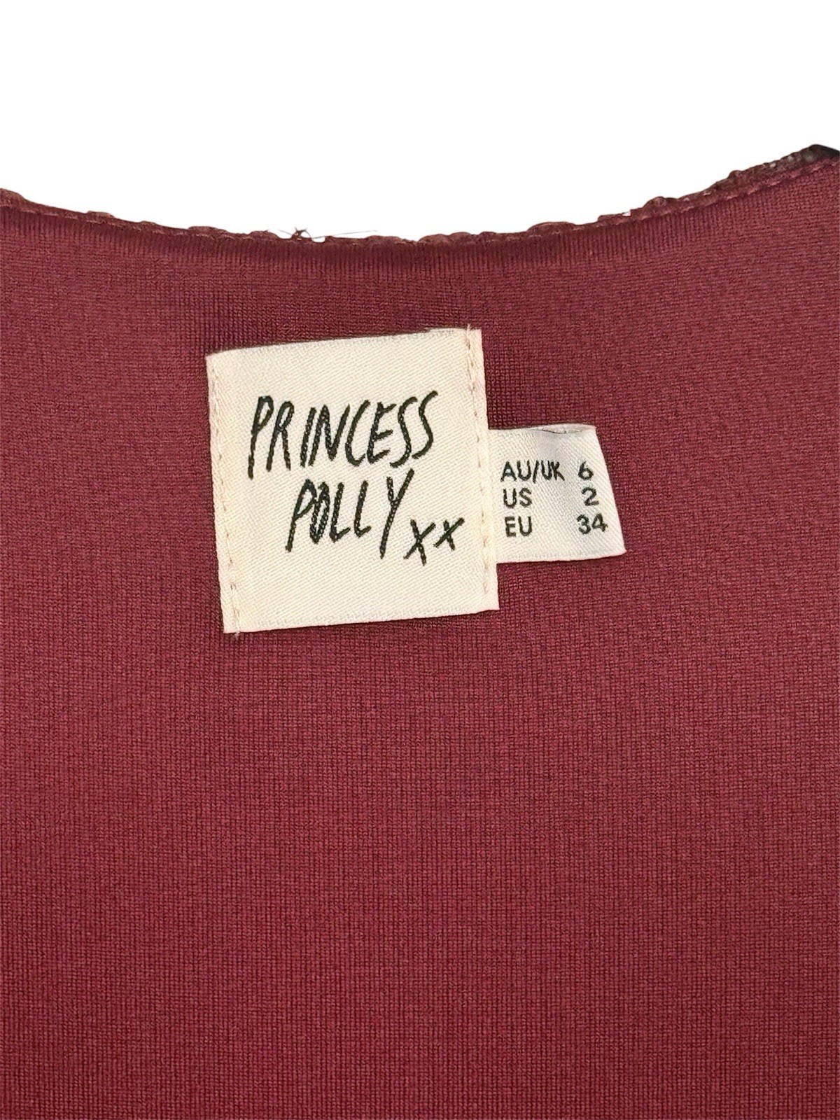 Princess Polly Sidonie Long Sleeve Lace Mini Dress Wine Red Burgundy Size 2