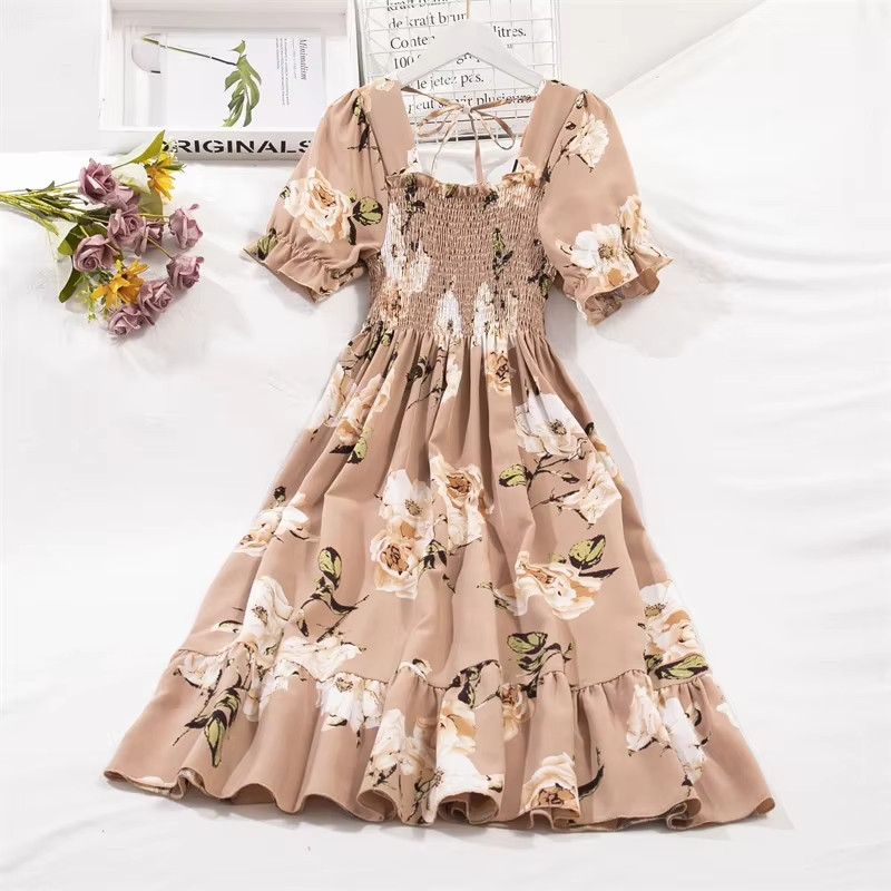 Chic Spring Summer Chiffon A-Line Dress with Elastic Waist and Short Sleeves