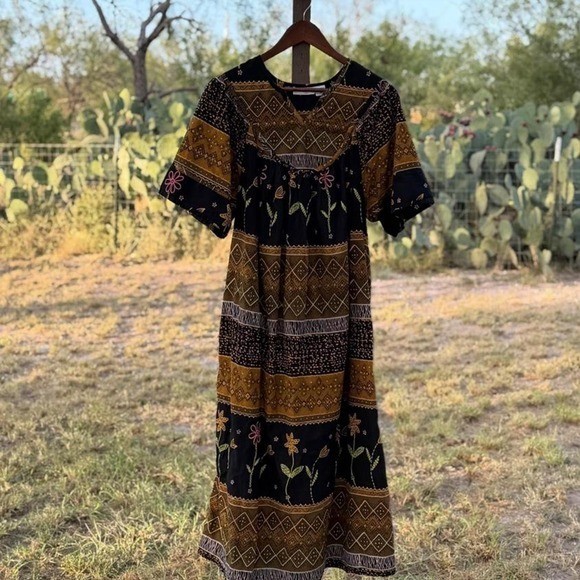Fundamentals 100% Cotton Boho Midi Dress Medium Cottagecore Floral Festival