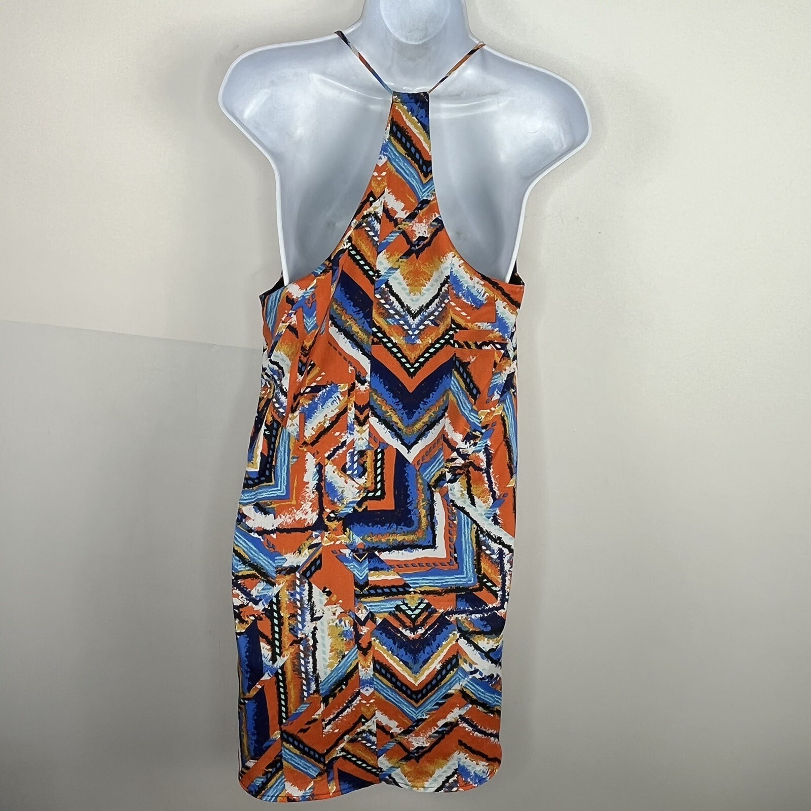 Three Eighty Two Sun Dress Sz S Orange Blue White Geometric V Neck Boho Festival