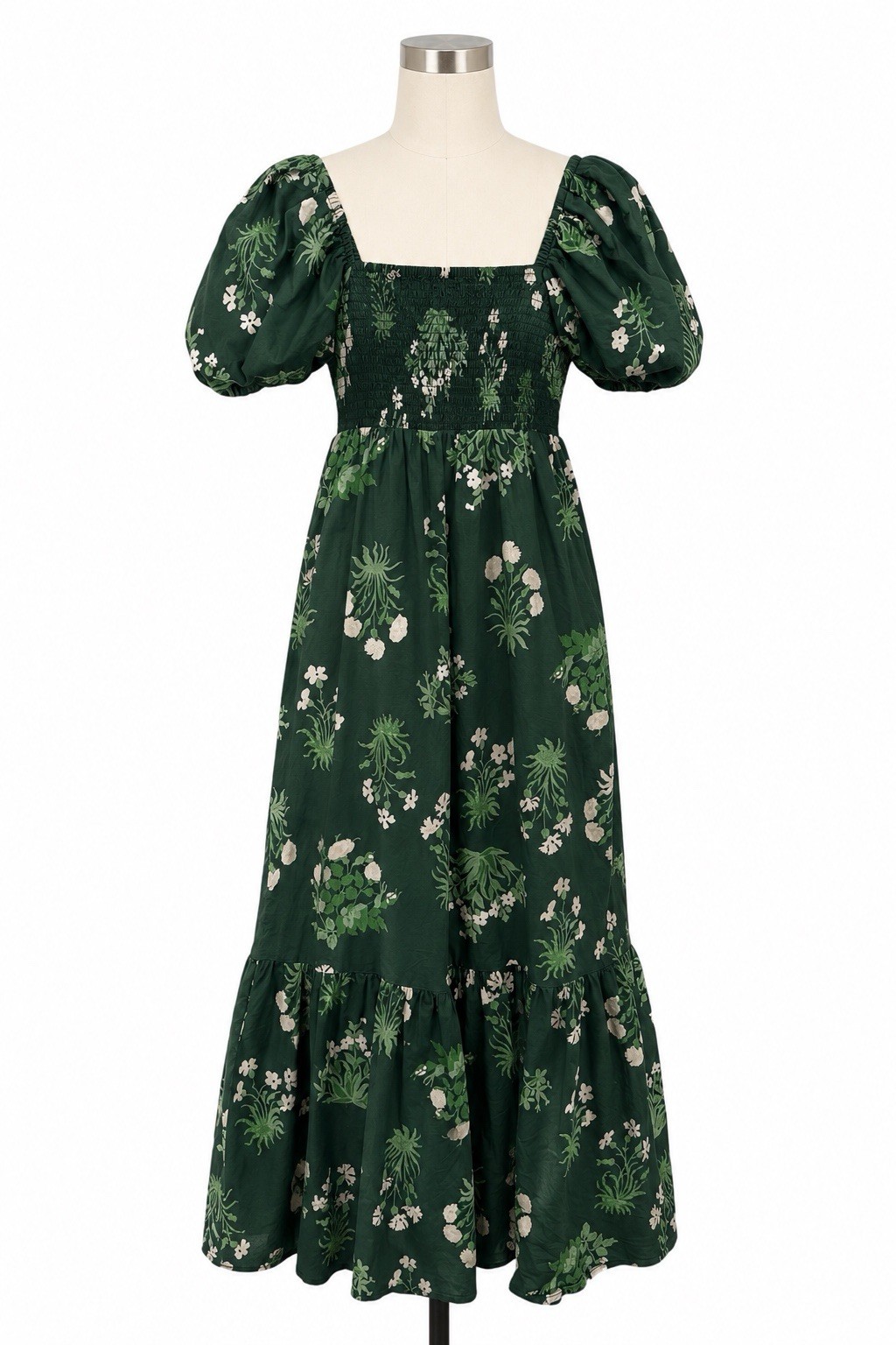 Tuckernuck Viridian Stamped Bouquets Gabrielle Dress Size M FloraExceaxi Smocked