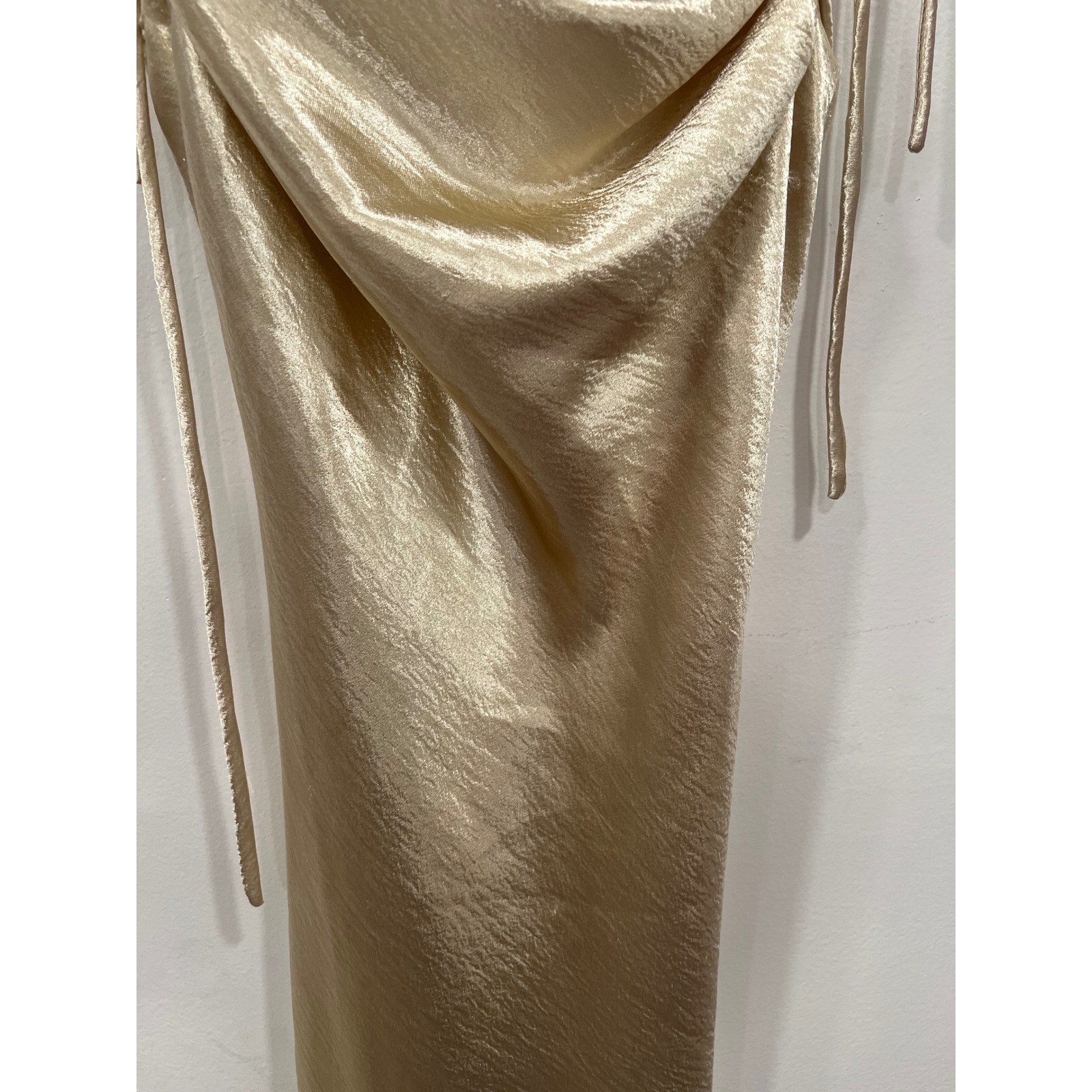 Champagne Gold Cowl Neck Satin Midi Dress Womens Medium Tie Strap
