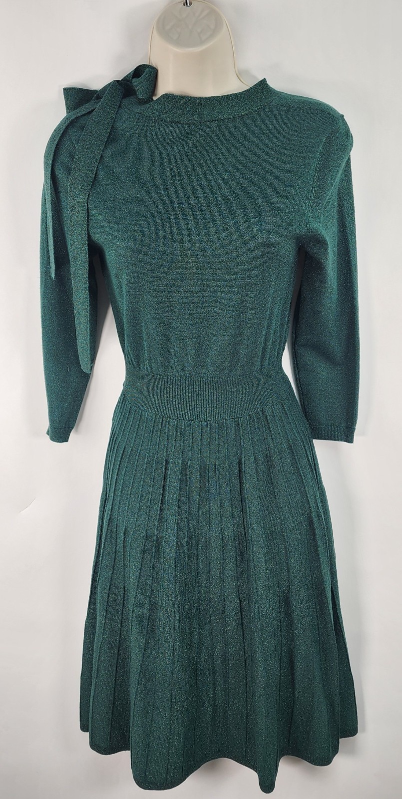 Nanette Lepore Dress Women’s S Emerald Green Sparkle Pleated Neck Bow