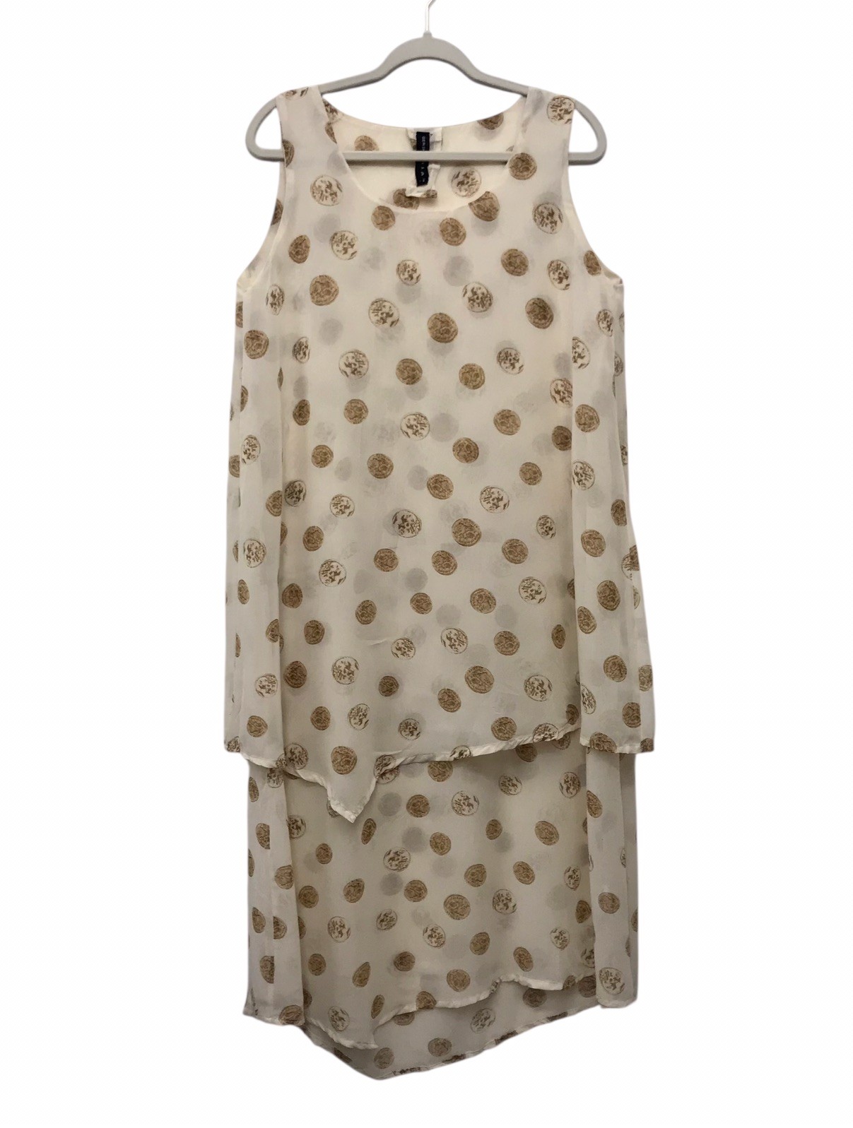 Gershon Bram Asymmetric Layered Shift Dress Antique Coin Print Artsy Boho Sz L