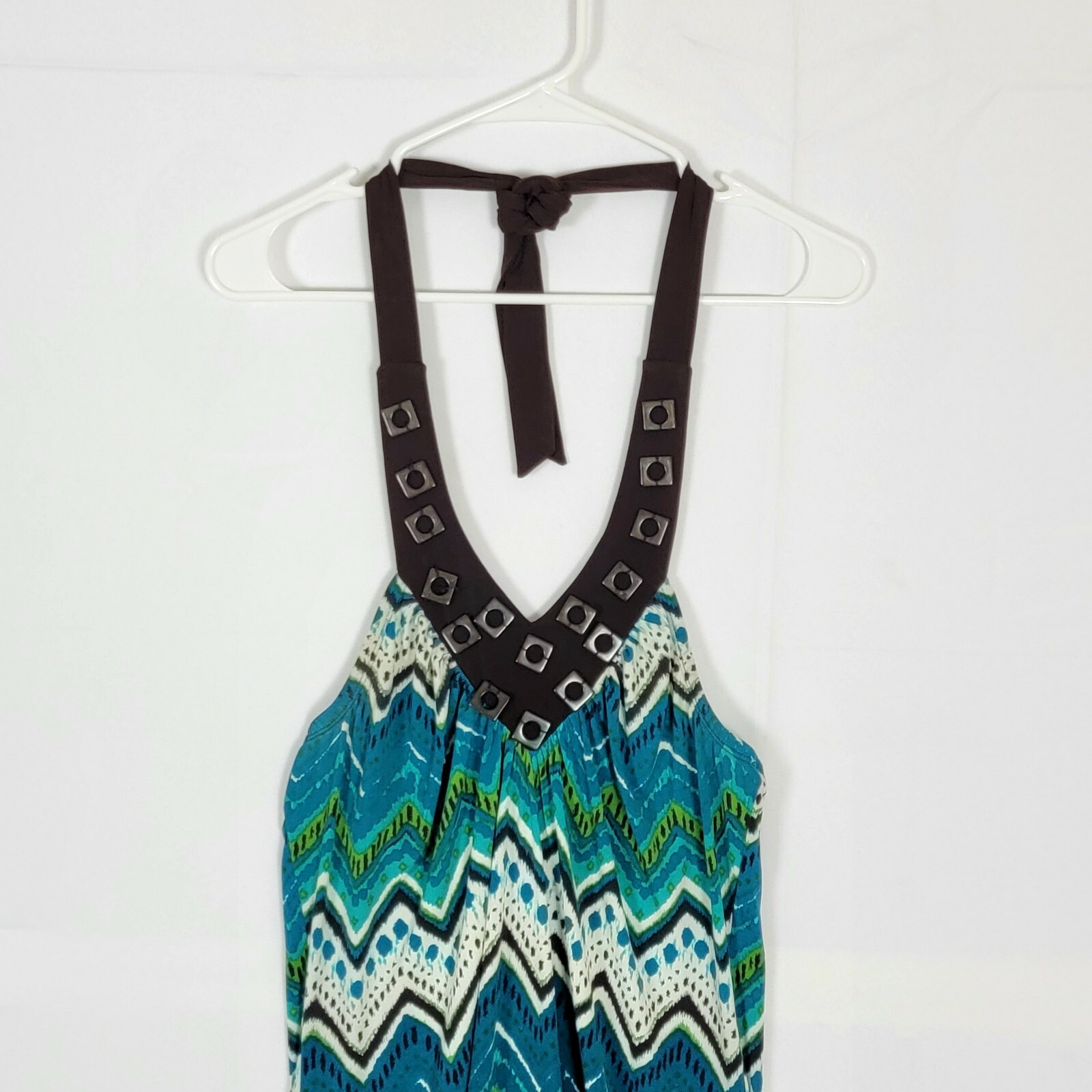 Heart Soul Dress Womens M Teal Blue Brown Short Beaded Sleeveless Halter