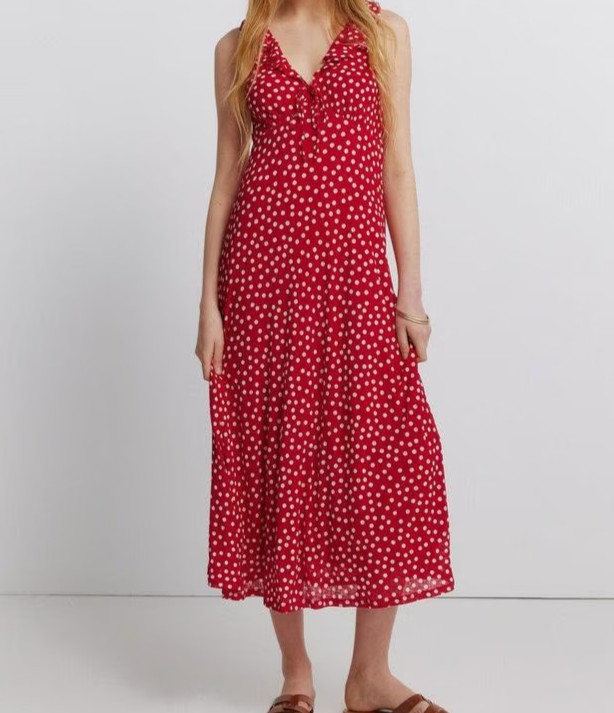 Cortefiel Springfield Polka Dot V Neck Midi Dress Ribbon Detail Red Summer XS-L