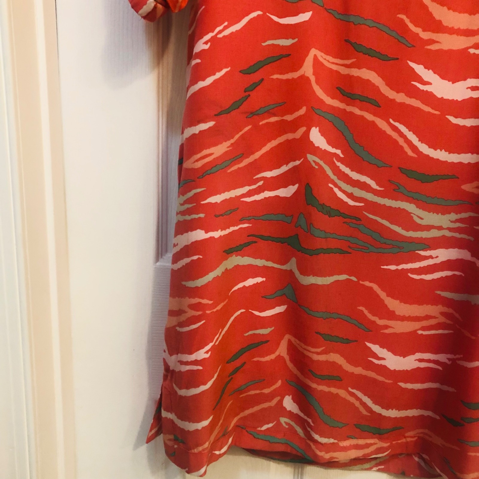 Emily McCarthy Tiger Print Poppy Dress Coral Pink Puff Sleeve Resort Mini Dress