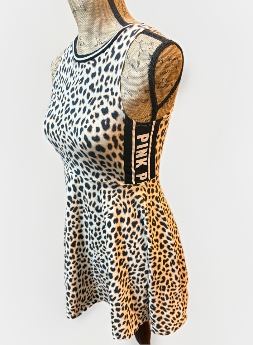 PINK Victoria’s Secret Leopard Print Skater Dress Racerback Logo XS Cotton Blend