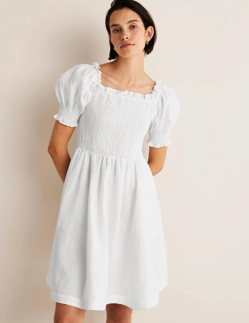 Boden Linen White Smocked Sun Mini Dress 6 Long S