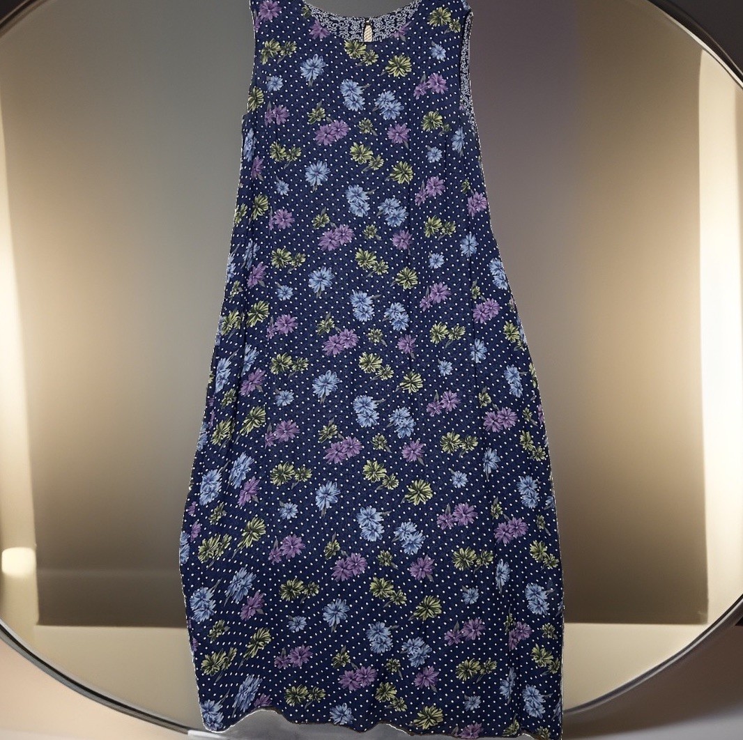 Reversible Dress L Navy Blue Polka Dot Floral Sleeveless Silky 2 In One Sundress