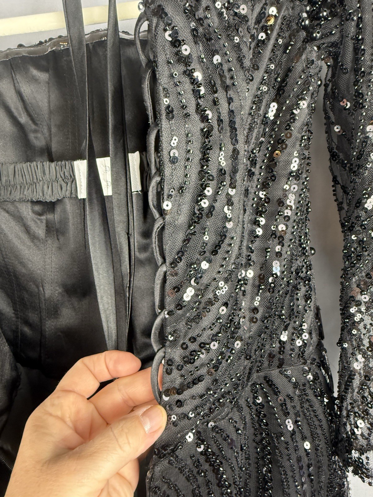 Black Beaded Sequin Sheer Midi Dress Lace Back Formal Party S Small