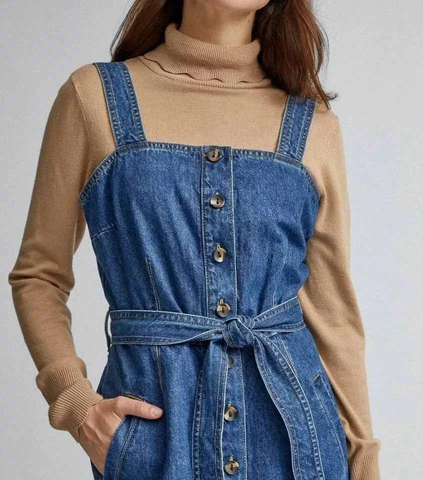 BEAUTIFUL DENIM PINAFORE BUTTON FRONT BELTED SIDE POCKETS DRESS SIZE UK 14 NEW