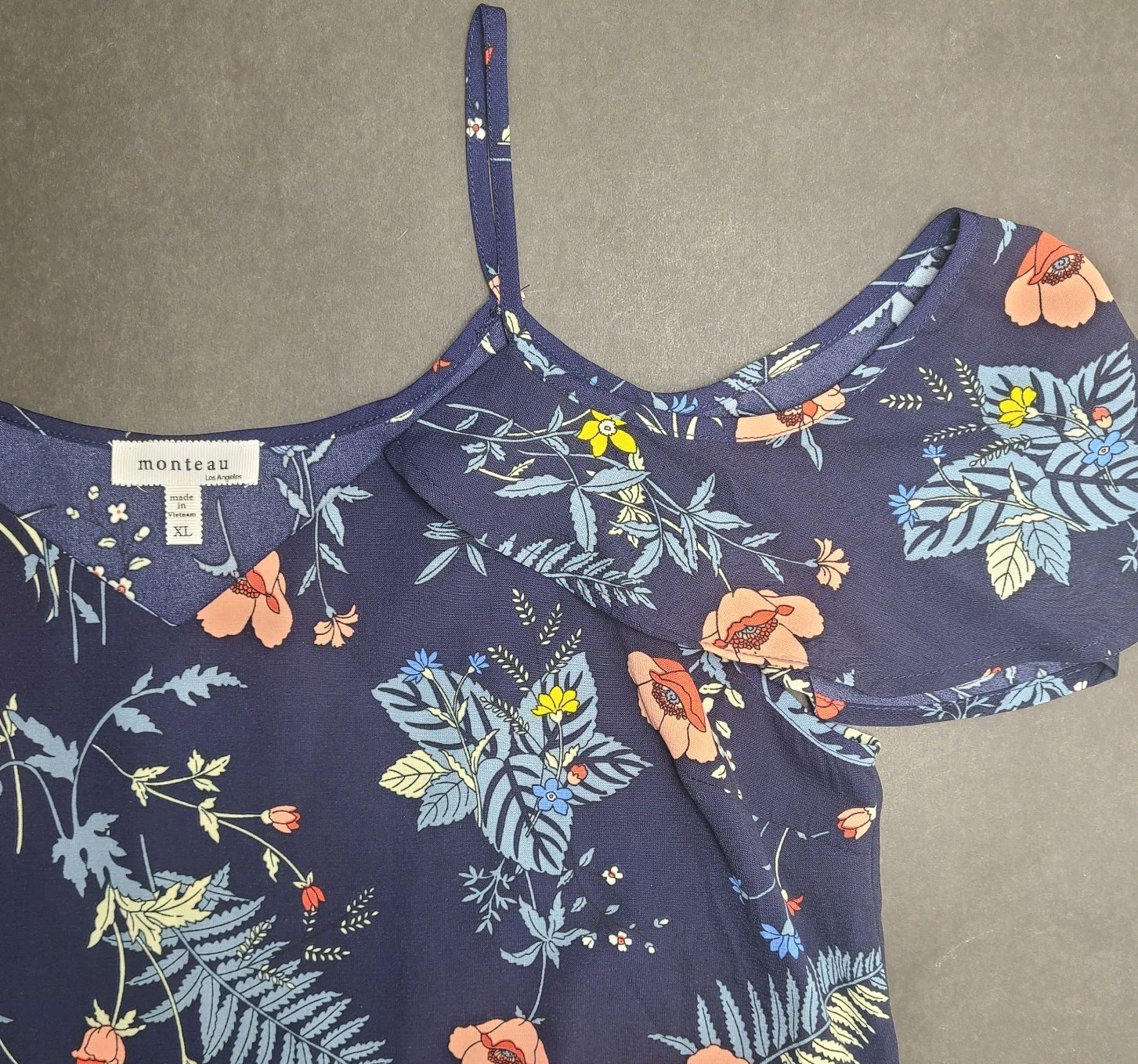 Monteau Floral Cold Shoulder Midi Dress XL Navy Pink Side Slit Lightweight