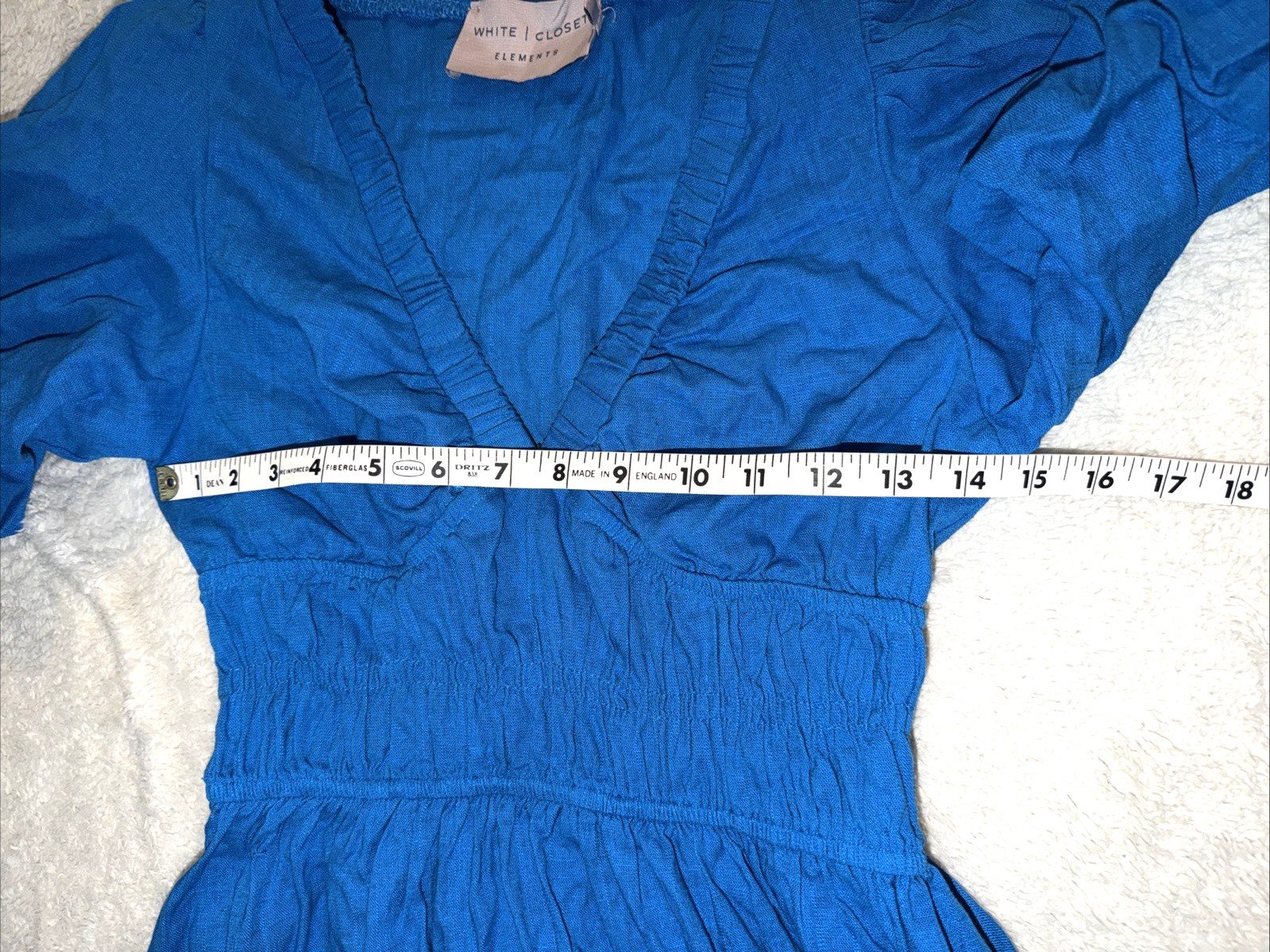 White Closet Elements Maxi Linen Dress Size XS V-Neck Blue Boho Country Smocked