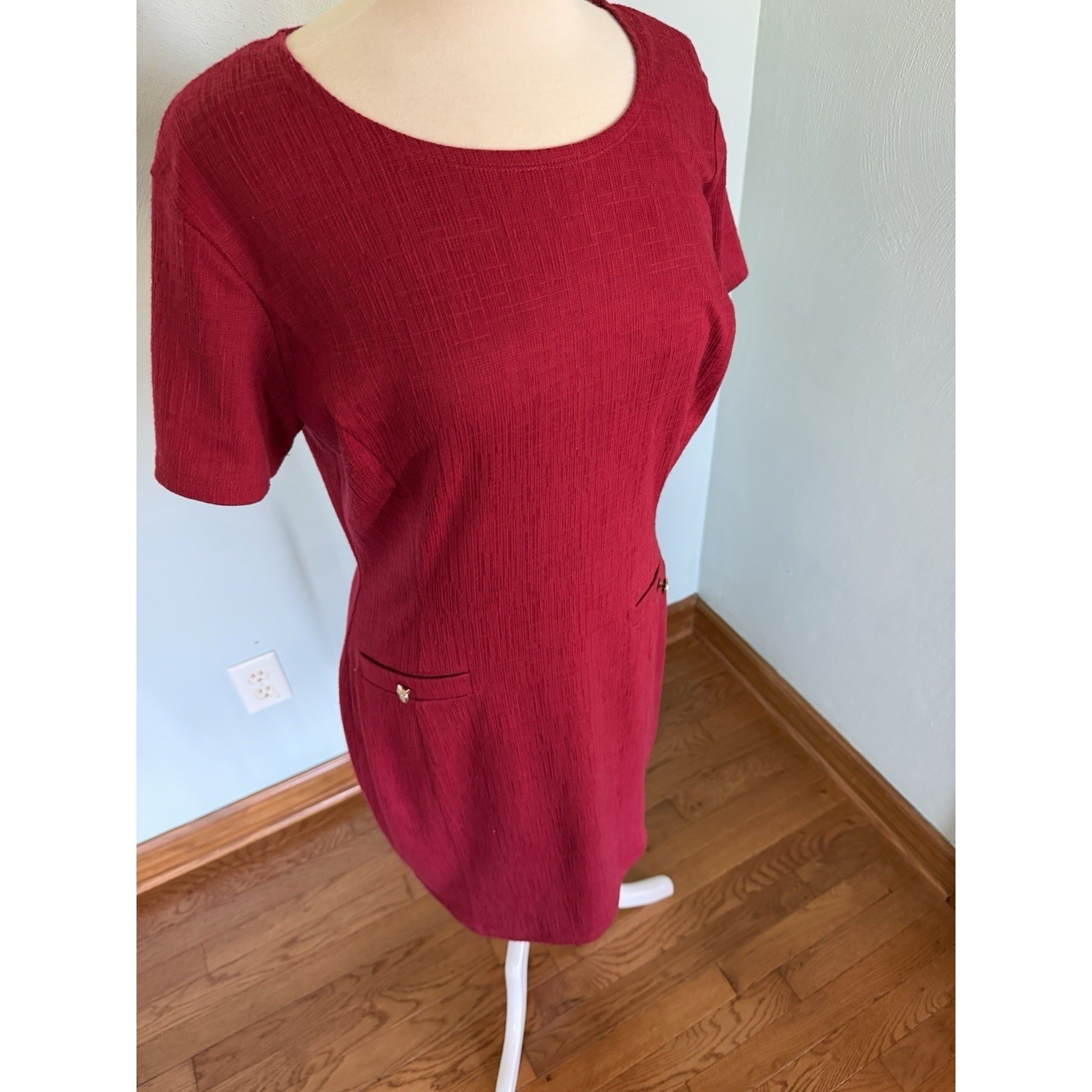 Office Siren Red Career Shift Dress Office Conference Pencil gold Buttons Sz 14