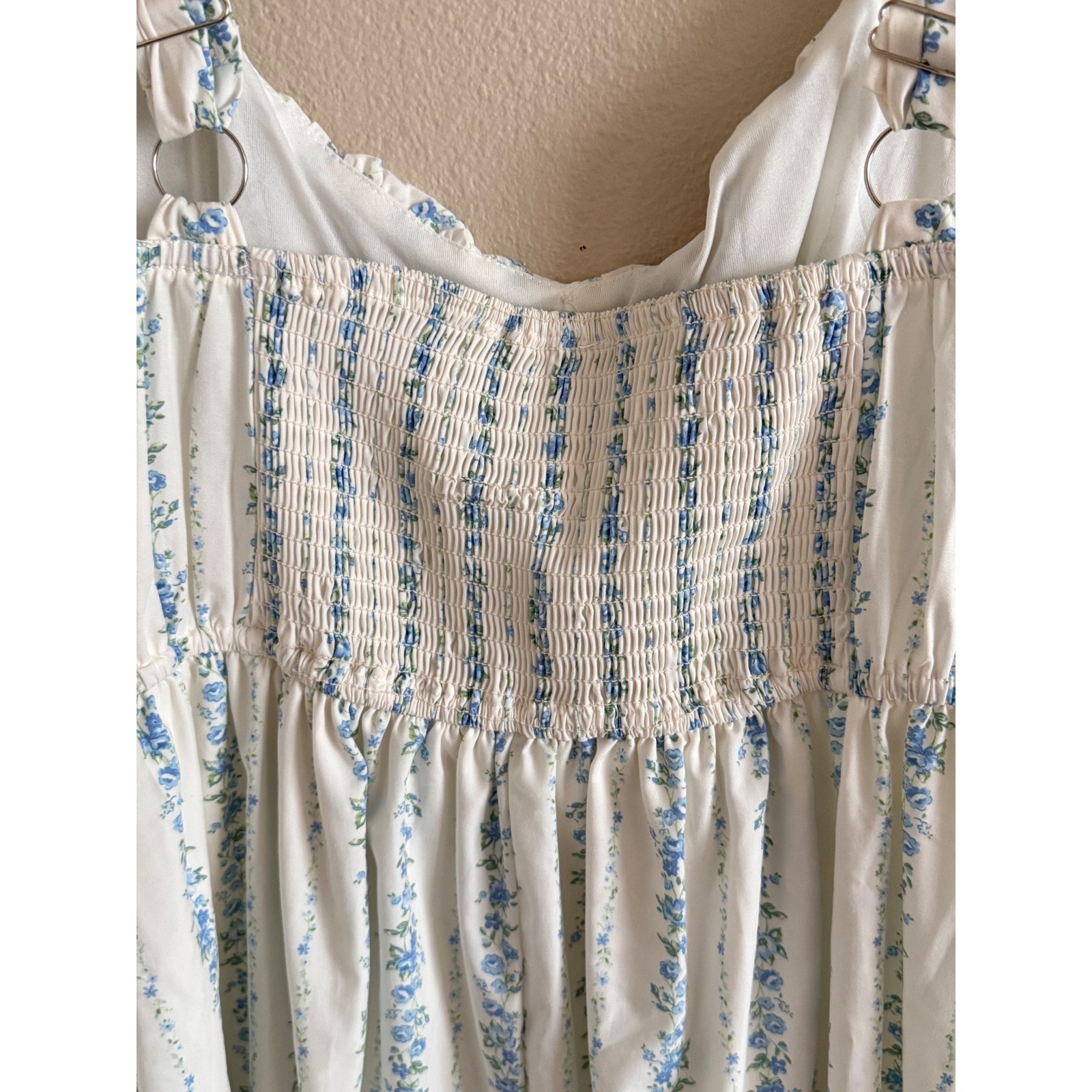 Blu Pepper Blue Floral Stripe Smocked Midi Dress Cottagecore XL