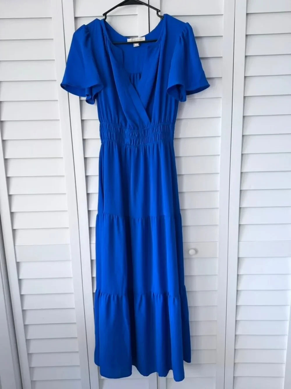 Monteau Los Angeles Royal Blue Maxi Dress Flutter Sleeve Smocked Waist Small