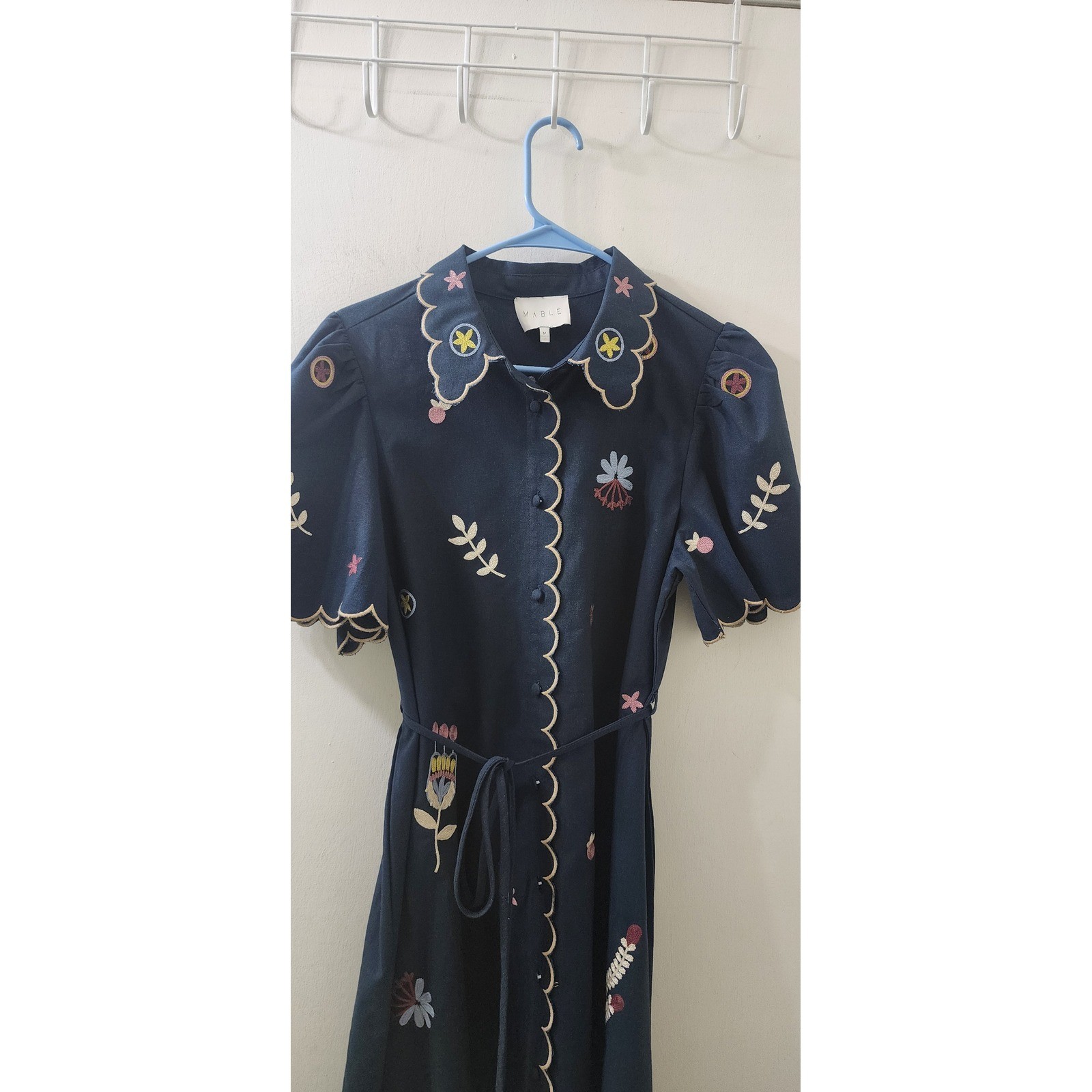 MABLE Navy Blue Embroidered Scalloped Linen Blend Mini Shirt Dress MD4896A M