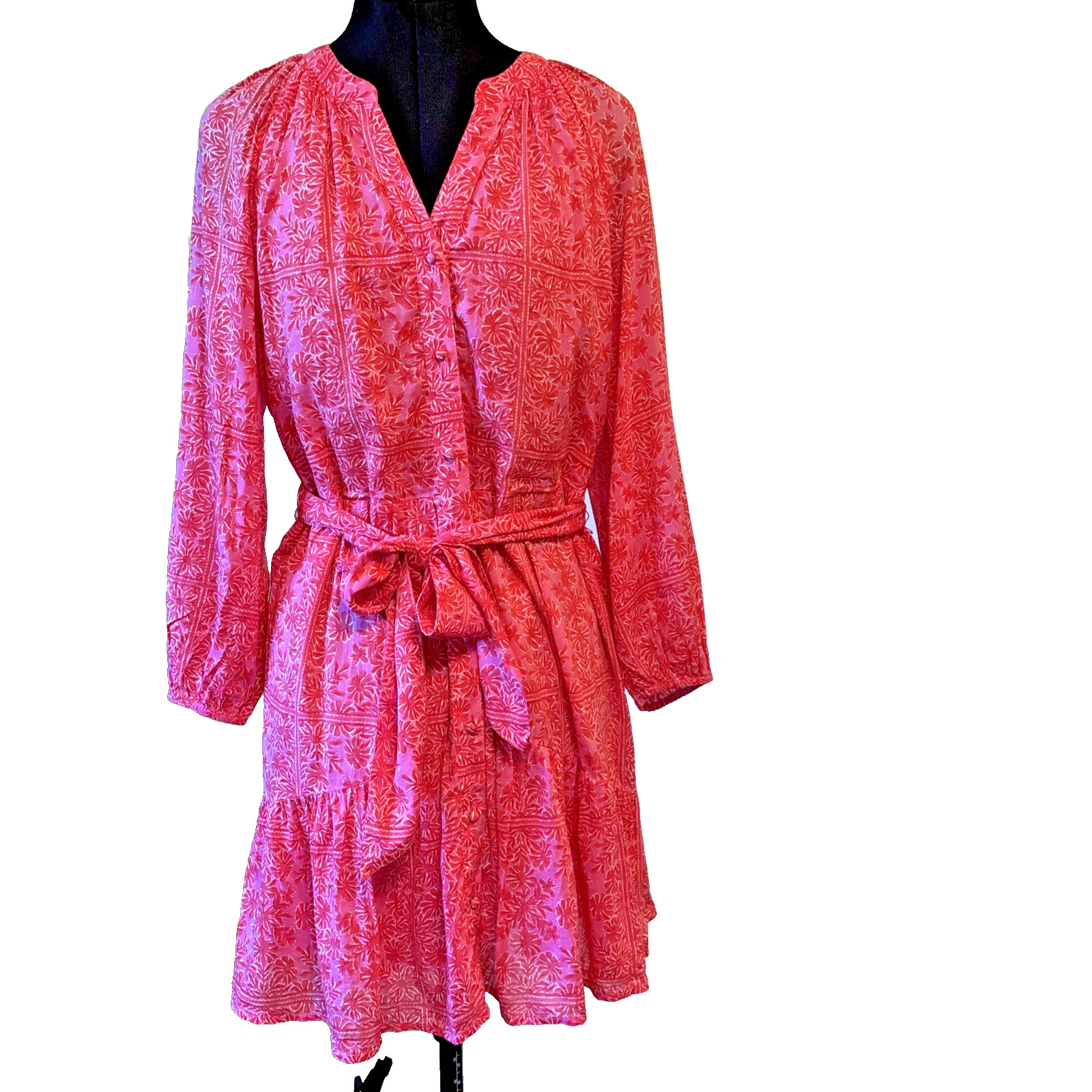 Vineyard Vines Women’s M Pink Floral Belted Mini Dress Long Sleeve Cotton Modal