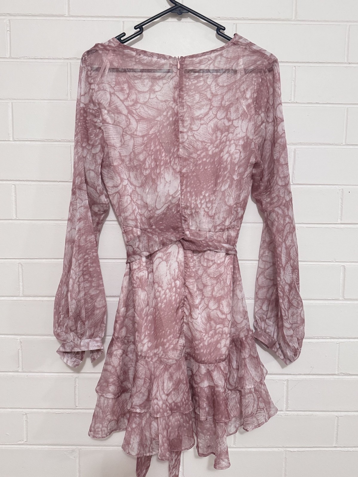 Saints + Secrets Wrap Dress Dusty Pink Print Long Sleeve Size 10 Ruffle Hem