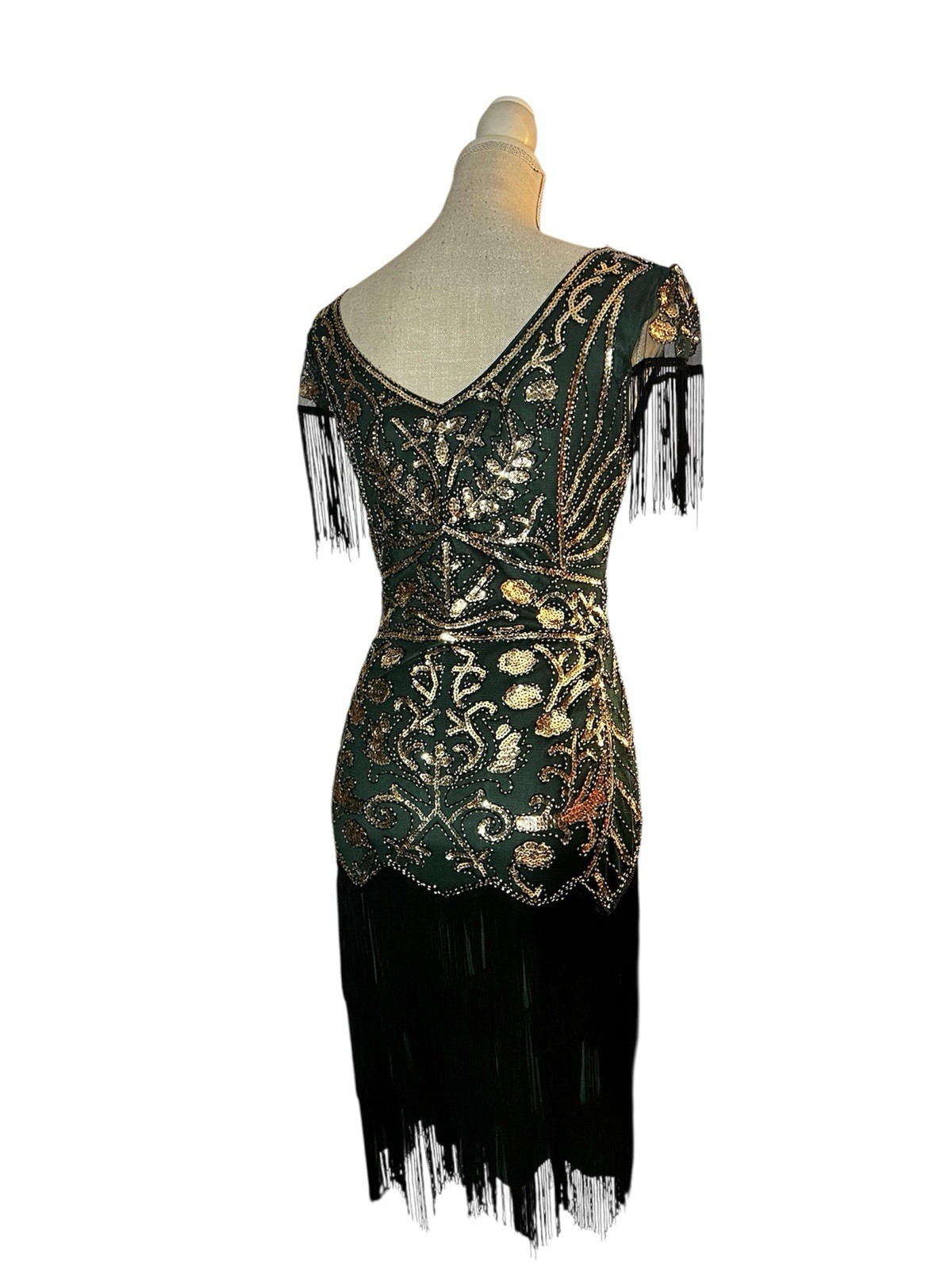 Emerald Green Sequin Flapper Art Deco Dress Green Black Gatsby 1920s Party Sz M
