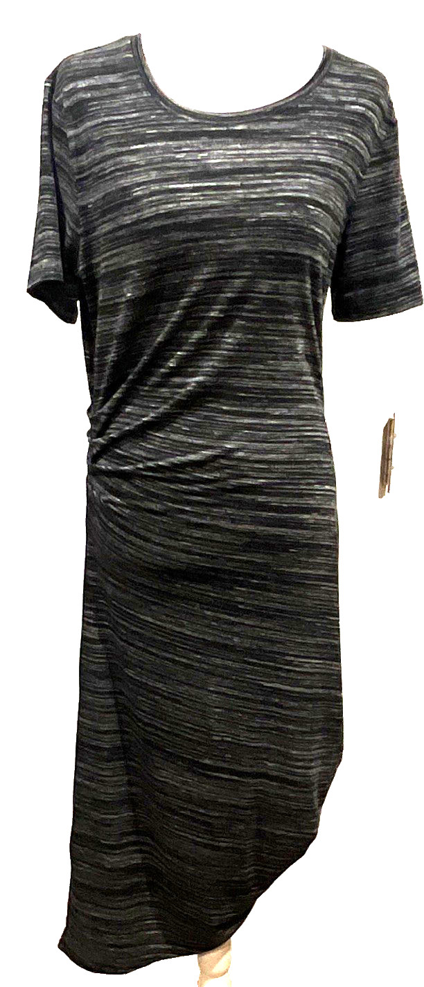 Athleta Downtown Dress M Black Gray Striped Ruched Asymmetrical Midi T-Shirt